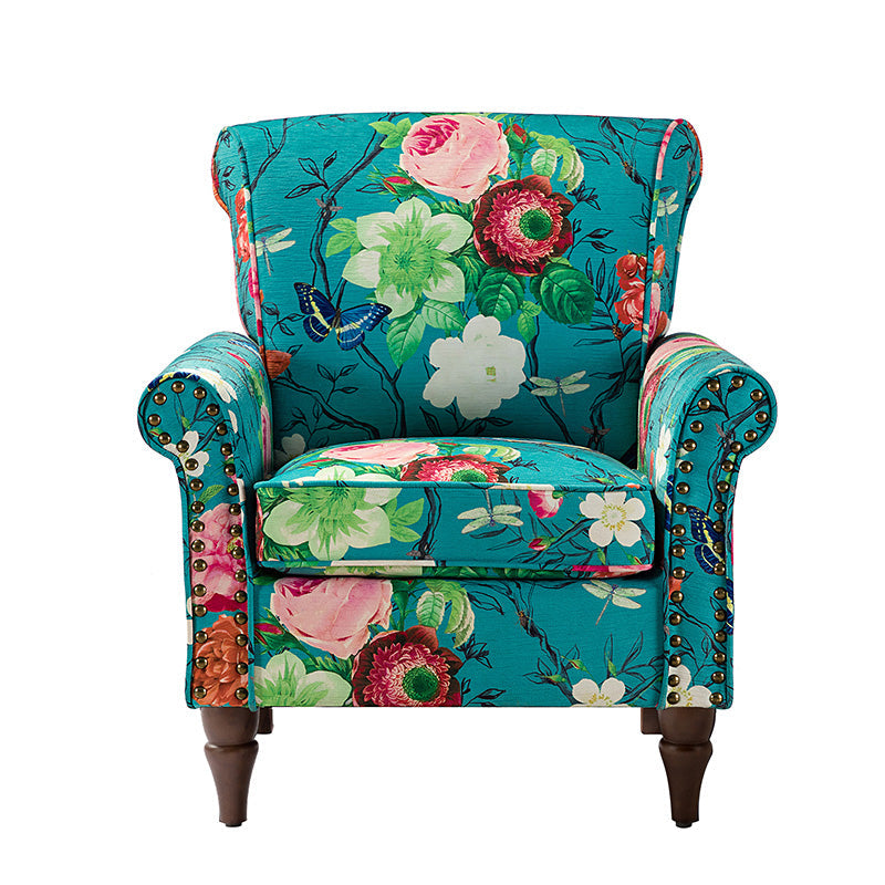 Fauteuil rembourré à accoudoirs roulés et garniture cloutée | Moutarde / Floral / Bleu / Peau de vache / Jaune / Vert / Noir / Gris / Marine / Pin / Médaillon / Rose | Siège unique