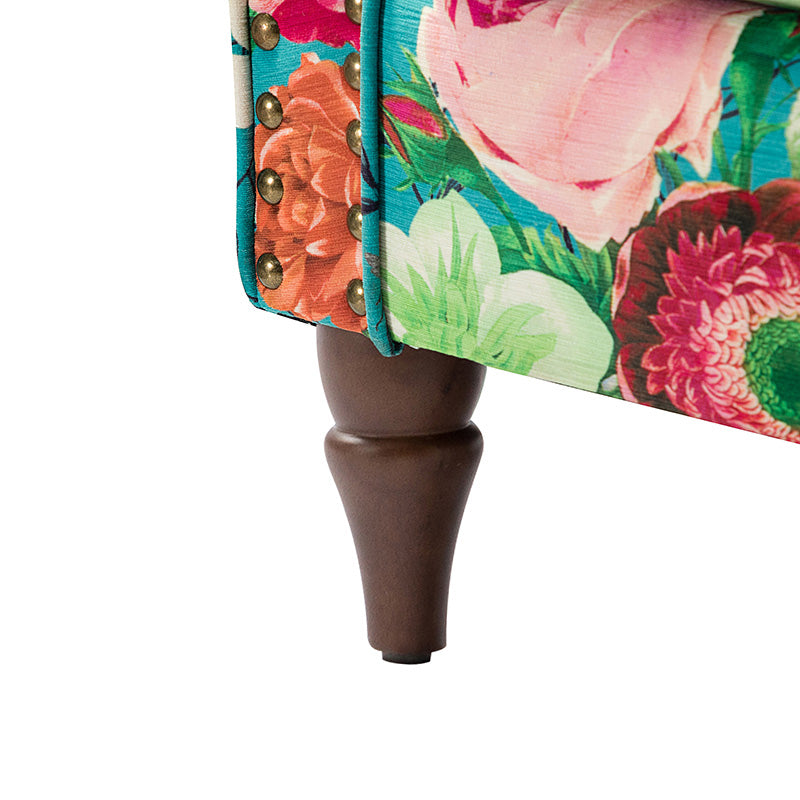 Fauteuil rembourré à accoudoirs roulés et garniture cloutée | Moutarde / Floral / Bleu / Peau de vache / Jaune / Vert / Noir / Gris / Marine / Pin / Médaillon / Rose | Siège unique