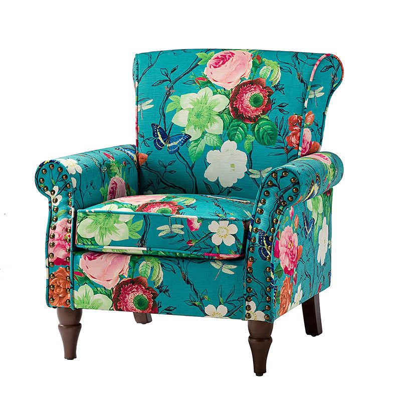 Fauteuil rembourré à accoudoirs roulés et garniture cloutée | Moutarde / Floral / Bleu / Peau de vache / Jaune / Vert / Noir / Gris / Marine / Pin / Médaillon / Rose | Siège unique