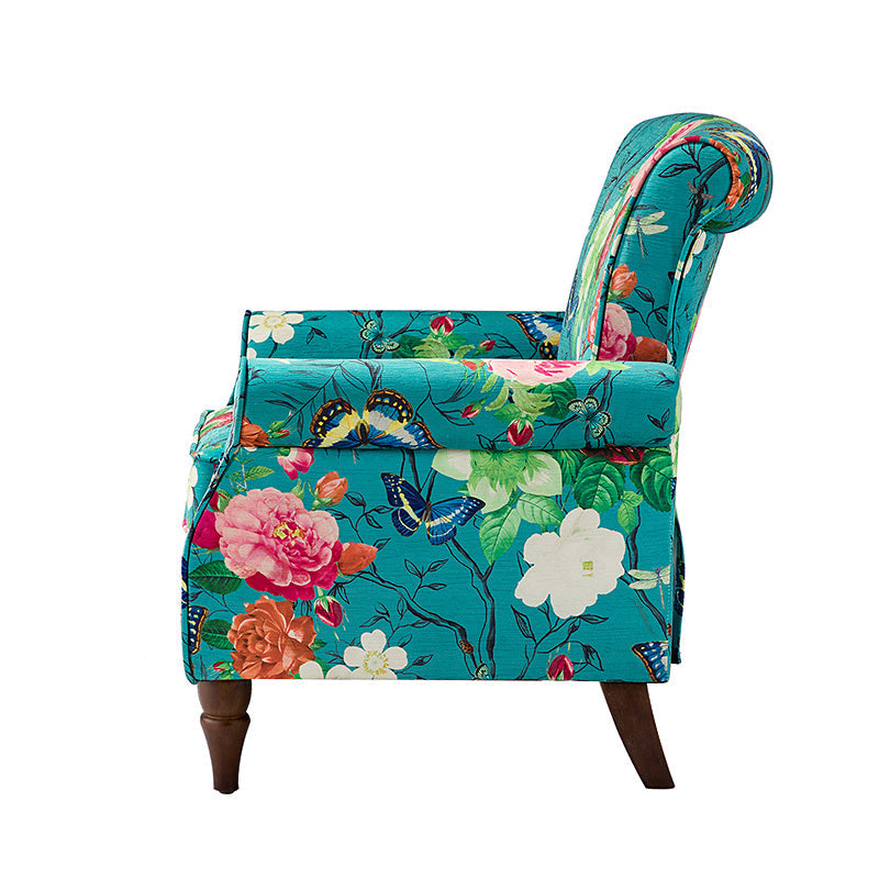 Fauteuil rembourré à accoudoirs roulés et garniture cloutée | Moutarde / Floral / Bleu / Peau de vache / Jaune / Vert / Noir / Gris / Marine / Pin / Médaillon / Rose | Siège unique