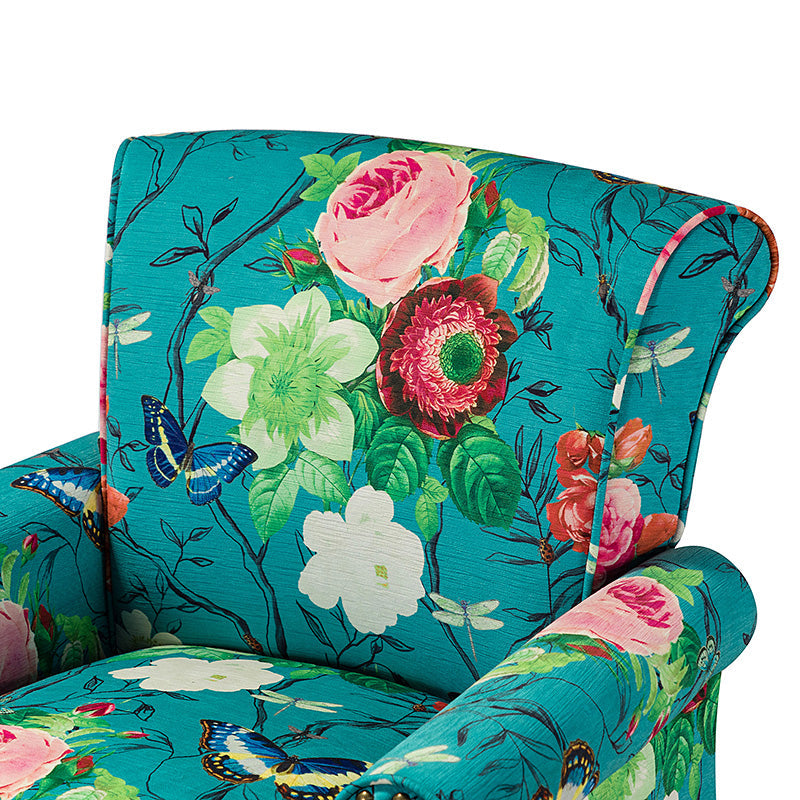 Fauteuil rembourré à accoudoirs roulés et garniture cloutée | Moutarde / Floral / Bleu / Peau de vache / Jaune / Vert / Noir / Gris / Marine / Pin / Médaillon / Rose | Siège unique