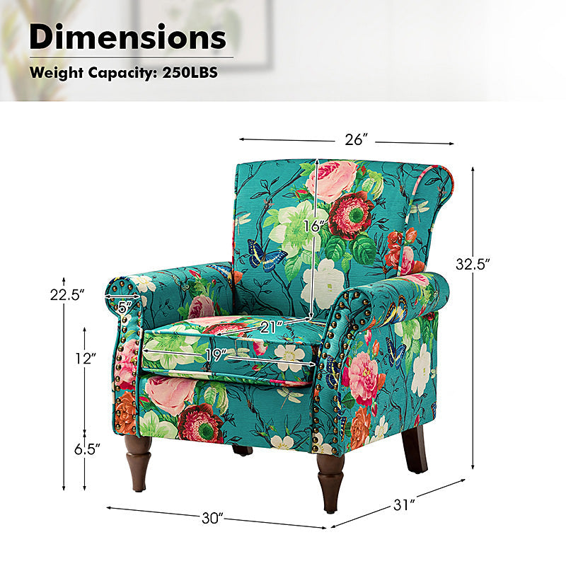Fauteuil rembourré à accoudoirs roulés et garniture cloutée | Moutarde / Floral / Bleu / Peau de vache / Jaune / Vert / Noir / Gris / Marine / Pin / Médaillon / Rose | Siège unique