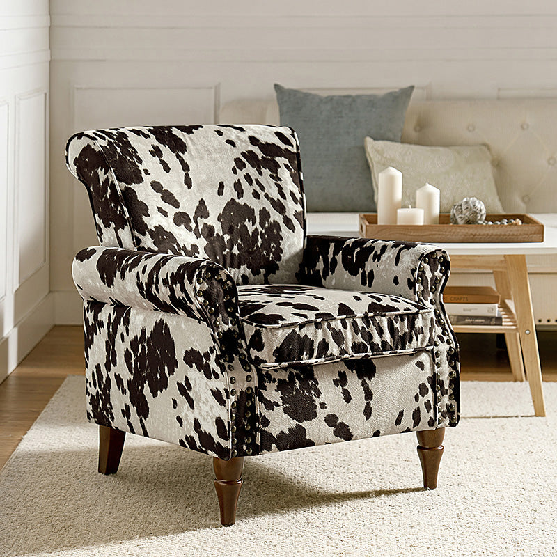 Fauteuil rembourré à accoudoirs roulés et garniture cloutée | Moutarde / Floral / Bleu / Peau de vache / Jaune / Vert / Noir / Gris / Marine / Pin / Médaillon / Rose | Siège unique