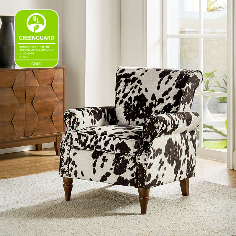Fauteuil rembourré à accoudoirs roulés et garniture cloutée | Moutarde / Floral / Bleu / Peau de vache / Jaune / Vert / Noir / Gris / Marine / Pin / Médaillon / Rose | Siège unique