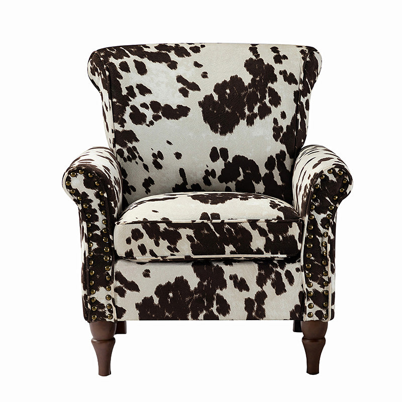 Fauteuil rembourré à accoudoirs roulés et garniture cloutée | Moutarde / Floral / Bleu / Peau de vache / Jaune / Vert / Noir / Gris / Marine / Pin / Médaillon / Rose | Siège unique