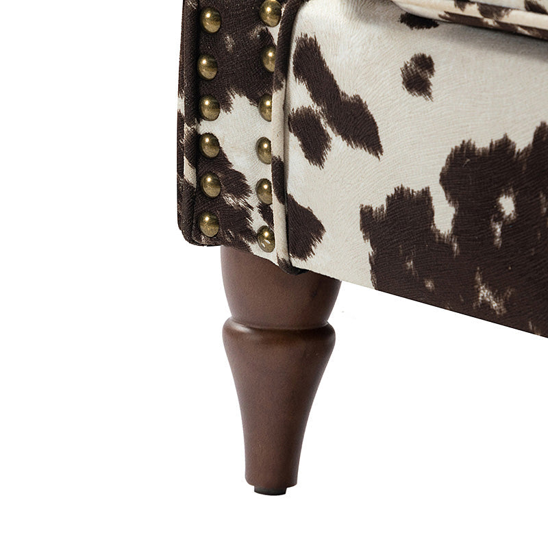 Fauteuil rembourré à accoudoirs roulés et garniture cloutée | Moutarde / Floral / Bleu / Peau de vache / Jaune / Vert / Noir / Gris / Marine / Pin / Médaillon / Rose | Siège unique