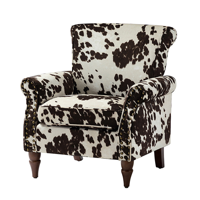 Fauteuil rembourré à accoudoirs roulés et garniture cloutée | Moutarde / Floral / Bleu / Peau de vache / Jaune / Vert / Noir / Gris / Marine / Pin / Médaillon / Rose | Siège unique