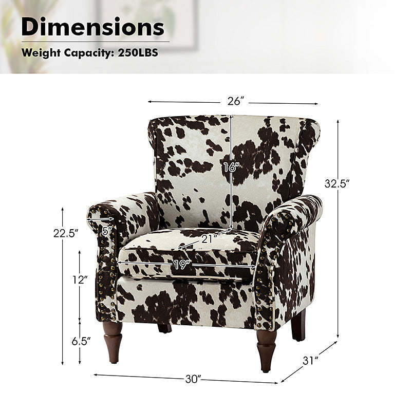 Fauteuil rembourré à accoudoirs roulés et garniture cloutée | Moutarde / Floral / Bleu / Peau de vache / Jaune / Vert / Noir / Gris / Marine / Pin / Médaillon / Rose | Siège unique