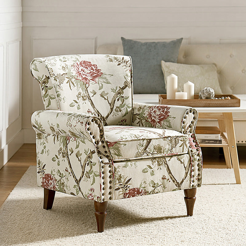 Fauteuil rembourré à accoudoirs roulés et garniture cloutée | Moutarde / Floral / Bleu / Peau de vache / Jaune / Vert / Noir / Gris / Marine / Pin / Médaillon / Rose | Siège unique