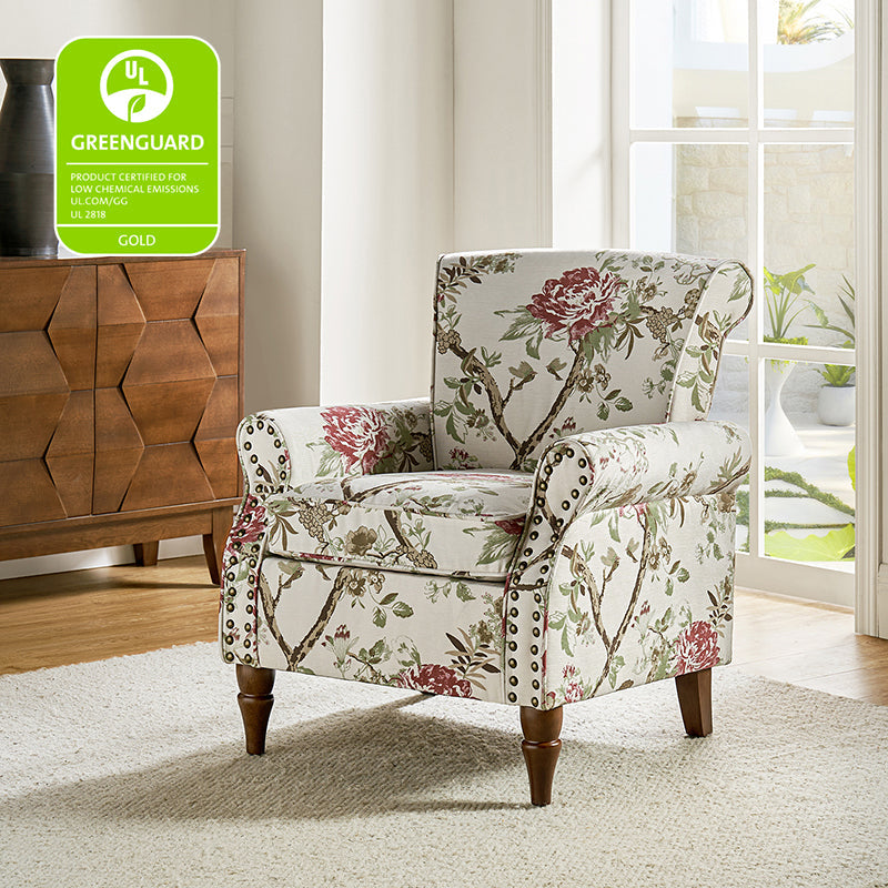 Fauteuil rembourré à accoudoirs roulés et garniture cloutée | Moutarde / Floral / Bleu / Peau de vache / Jaune / Vert / Noir / Gris / Marine / Pin / Médaillon / Rose | Siège unique