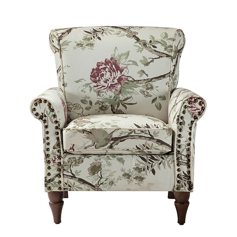 Fauteuil rembourré à accoudoirs roulés et garniture cloutée | Moutarde / Floral / Bleu / Peau de vache / Jaune / Vert / Noir / Gris / Marine / Pin / Médaillon / Rose | Siège unique
