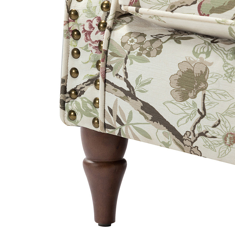 Fauteuil rembourré à accoudoirs roulés et garniture cloutée | Moutarde / Floral / Bleu / Peau de vache / Jaune / Vert / Noir / Gris / Marine / Pin / Médaillon / Rose | Siège unique