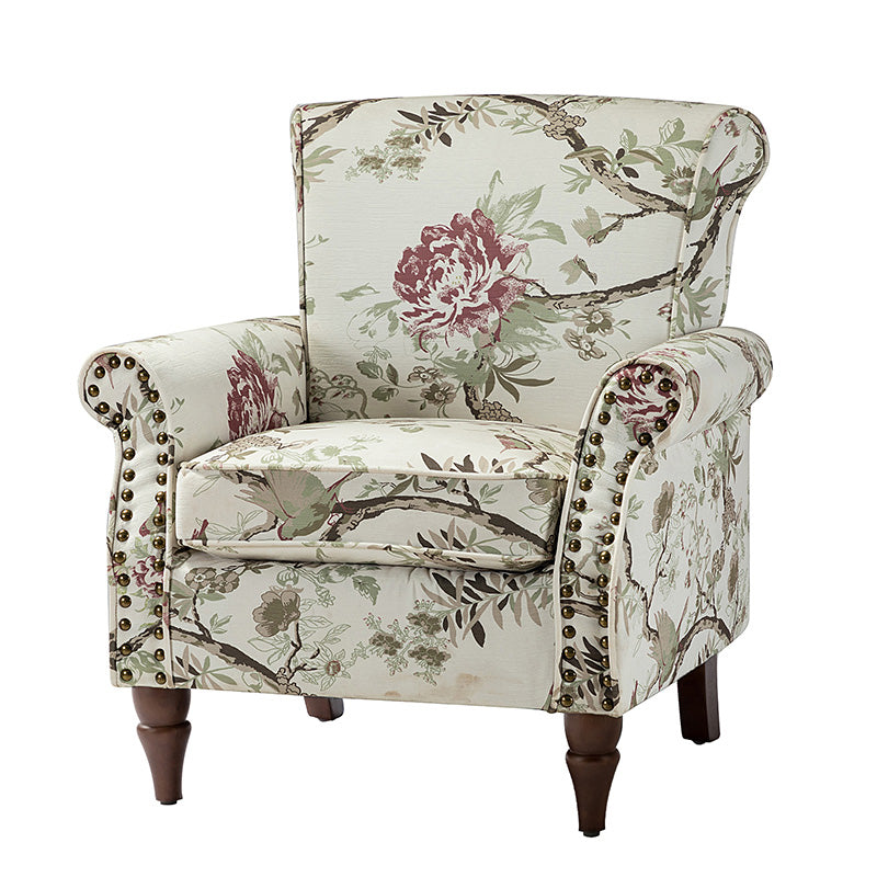 Fauteuil rembourré à accoudoirs roulés et garniture cloutée | Moutarde / Floral / Bleu / Peau de vache / Jaune / Vert / Noir / Gris / Marine / Pin / Médaillon / Rose | Siège unique