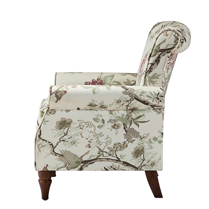 Fauteuil rembourré à accoudoirs roulés et garniture cloutée | Moutarde / Floral / Bleu / Peau de vache / Jaune / Vert / Noir / Gris / Marine / Pin / Médaillon / Rose | Siège unique