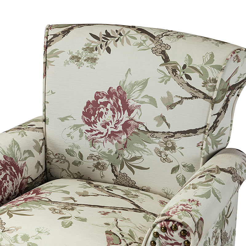 Fauteuil rembourré à accoudoirs roulés et garniture cloutée | Moutarde / Floral / Bleu / Peau de vache / Jaune / Vert / Noir / Gris / Marine / Pin / Médaillon / Rose | Siège unique