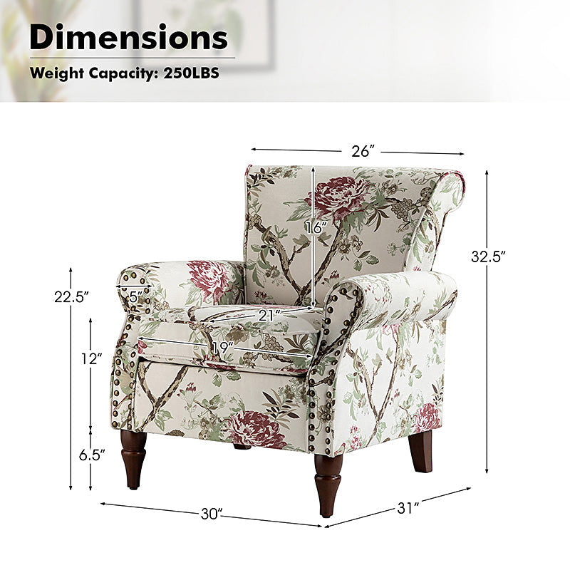 Fauteuil rembourré à accoudoirs roulés et garniture cloutée | Moutarde / Floral / Bleu / Peau de vache / Jaune / Vert / Noir / Gris / Marine / Pin / Médaillon / Rose | Siège unique