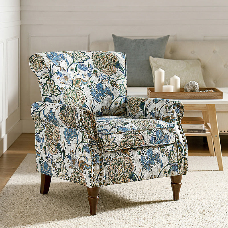 Fauteuil rembourré à accoudoirs roulés et garniture cloutée | Moutarde / Floral / Bleu / Peau de vache / Jaune / Vert / Noir / Gris / Marine / Pin / Médaillon / Rose | Siège unique