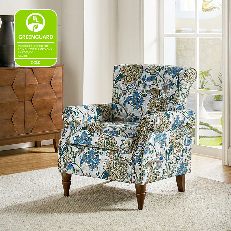 Fauteuil rembourré à accoudoirs roulés et garniture cloutée | Moutarde / Floral / Bleu / Peau de vache / Jaune / Vert / Noir / Gris / Marine / Pin / Médaillon / Rose | Siège unique