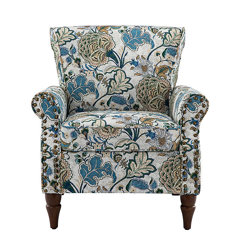 Fauteuil rembourré à accoudoirs roulés et garniture cloutée | Moutarde / Floral / Bleu / Peau de vache / Jaune / Vert / Noir / Gris / Marine / Pin / Médaillon / Rose | Siège unique