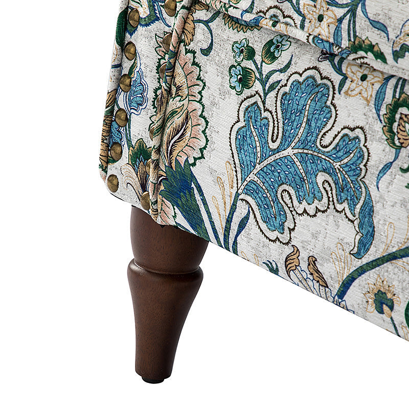 Fauteuil rembourré à accoudoirs roulés et garniture cloutée | Moutarde / Floral / Bleu / Peau de vache / Jaune / Vert / Noir / Gris / Marine / Pin / Médaillon / Rose | Siège unique
