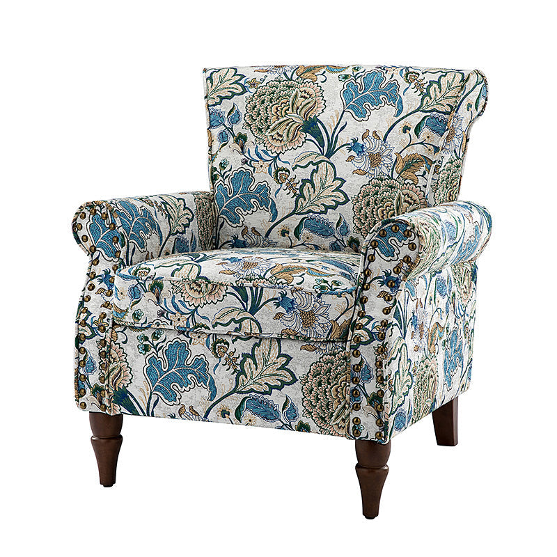 Fauteuil rembourré à accoudoirs roulés et garniture cloutée | Moutarde / Floral / Bleu / Peau de vache / Jaune / Vert / Noir / Gris / Marine / Pin / Médaillon / Rose | Siège unique
