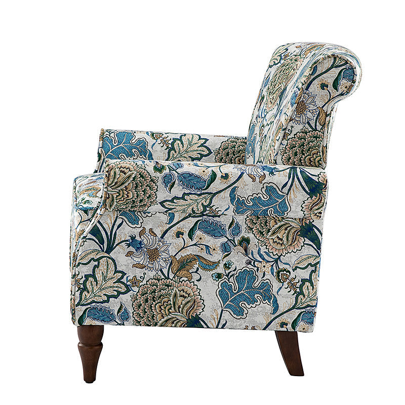 Fauteuil rembourré à accoudoirs roulés et garniture cloutée | Moutarde / Floral / Bleu / Peau de vache / Jaune / Vert / Noir / Gris / Marine / Pin / Médaillon / Rose | Siège unique