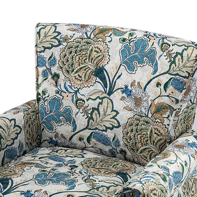 Fauteuil rembourré à accoudoirs roulés et garniture cloutée | Moutarde / Floral / Bleu / Peau de vache / Jaune / Vert / Noir / Gris / Marine / Pin / Médaillon / Rose | Siège unique