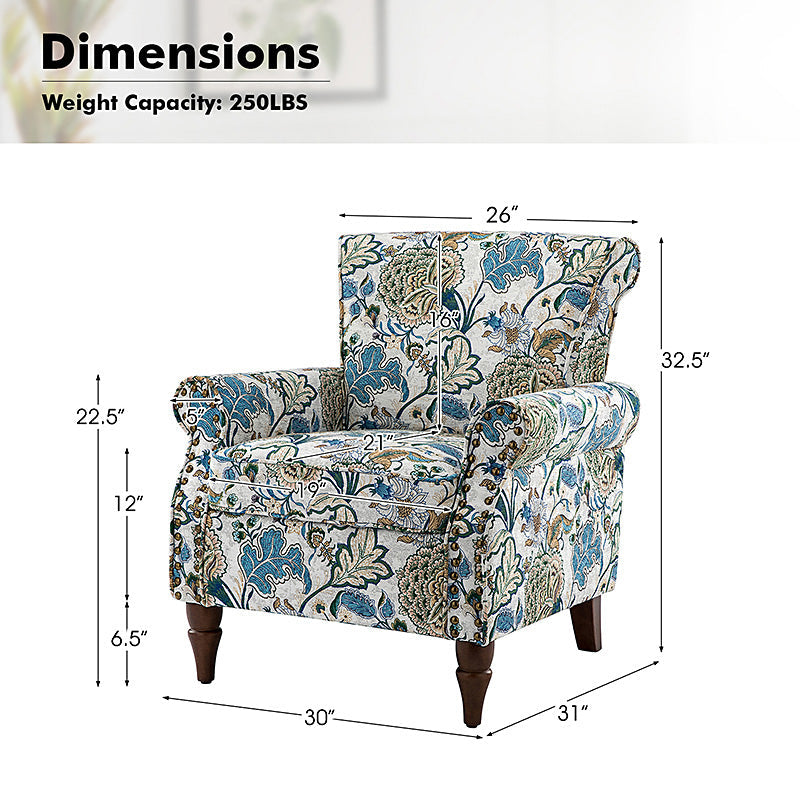 Fauteuil rembourré à accoudoirs roulés et garniture cloutée | Moutarde / Floral / Bleu / Peau de vache / Jaune / Vert / Noir / Gris / Marine / Pin / Médaillon / Rose | Siège unique