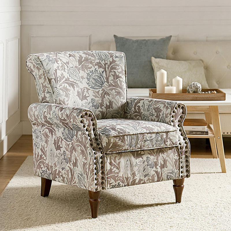 Fauteuil rembourré à accoudoirs roulés et garniture cloutée | Moutarde / Floral / Bleu / Peau de vache / Jaune / Vert / Noir / Gris / Marine / Pin / Médaillon / Rose | Siège unique