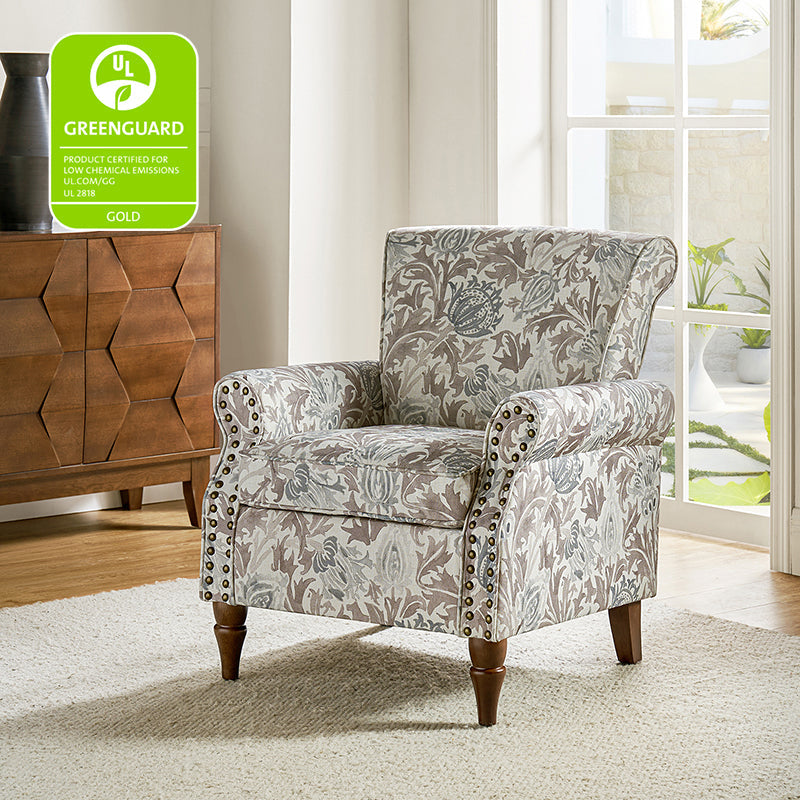 Fauteuil rembourré à accoudoirs roulés et garniture cloutée | Moutarde / Floral / Bleu / Peau de vache / Jaune / Vert / Noir / Gris / Marine / Pin / Médaillon / Rose | Siège unique