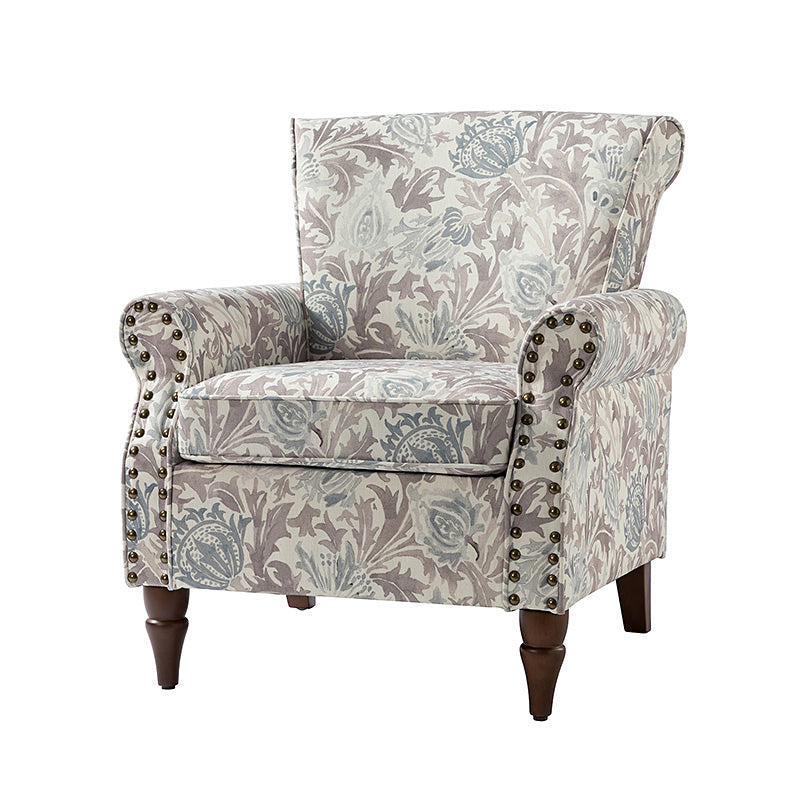 Fauteuil rembourré à accoudoirs roulés et garniture cloutée | Moutarde / Floral / Bleu / Peau de vache / Jaune / Vert / Noir / Gris / Marine / Pin / Médaillon / Rose | Siège unique