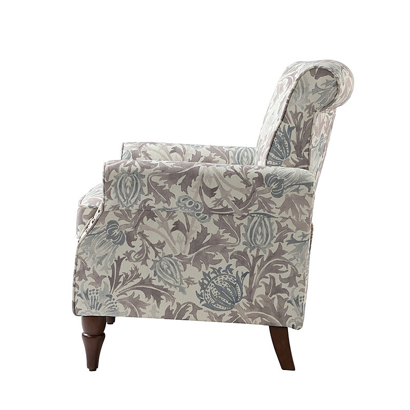Fauteuil rembourré à accoudoirs roulés et garniture cloutée | Moutarde / Floral / Bleu / Peau de vache / Jaune / Vert / Noir / Gris / Marine / Pin / Médaillon / Rose | Siège unique