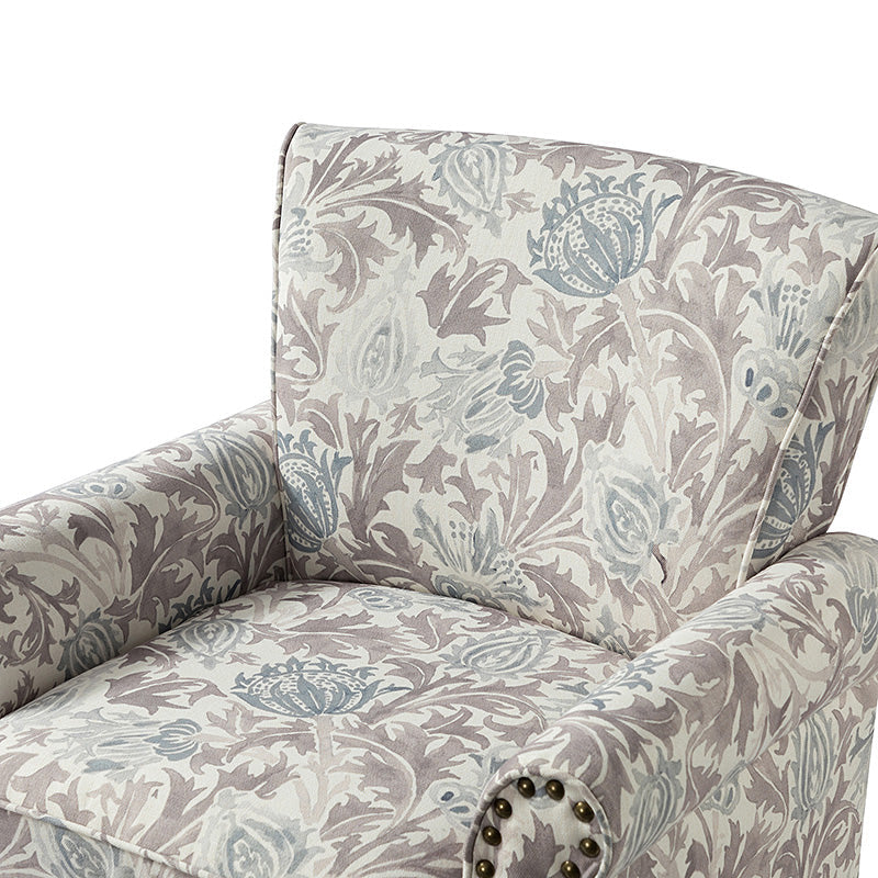 Fauteuil rembourré à accoudoirs roulés et garniture cloutée | Moutarde / Floral / Bleu / Peau de vache / Jaune / Vert / Noir / Gris / Marine / Pin / Médaillon / Rose | Siège unique