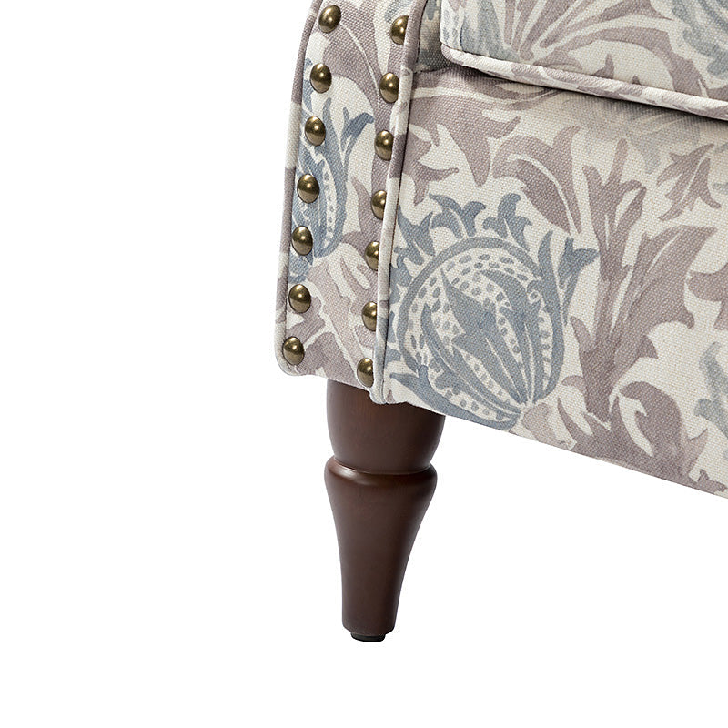 Fauteuil rembourré à accoudoirs roulés et garniture cloutée | Moutarde / Floral / Bleu / Peau de vache / Jaune / Vert / Noir / Gris / Marine / Pin / Médaillon / Rose | Siège unique