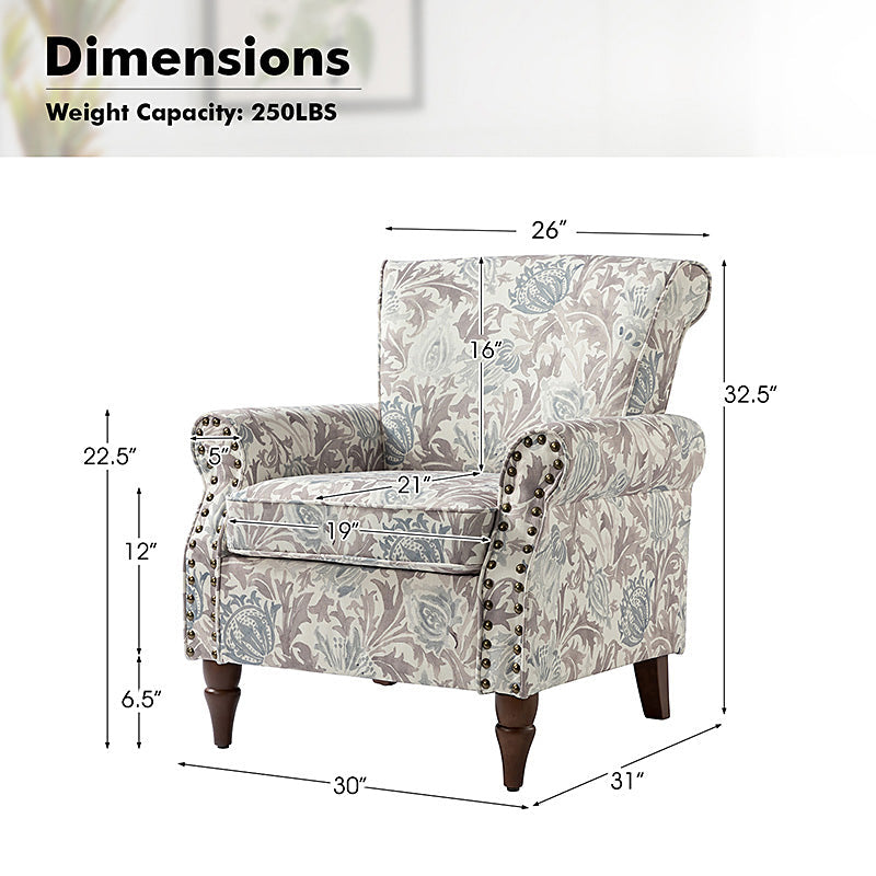 Fauteuil rembourré à accoudoirs roulés et garniture cloutée | Moutarde / Floral / Bleu / Peau de vache / Jaune / Vert / Noir / Gris / Marine / Pin / Médaillon / Rose | Siège unique
