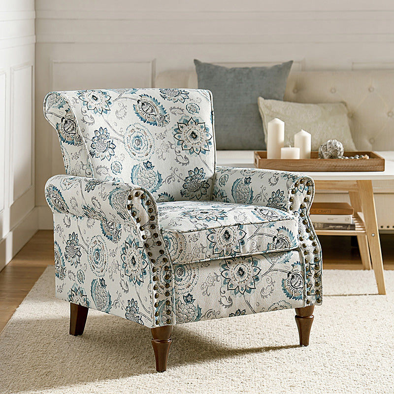 Fauteuil rembourré à accoudoirs roulés et garniture cloutée | Moutarde / Floral / Bleu / Peau de vache / Jaune / Vert / Noir / Gris / Marine / Pin / Médaillon / Rose | Siège unique