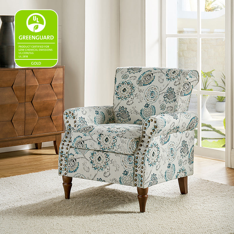 Fauteuil rembourré à accoudoirs roulés et garniture cloutée | Moutarde / Floral / Bleu / Peau de vache / Jaune / Vert / Noir / Gris / Marine / Pin / Médaillon / Rose | Siège unique