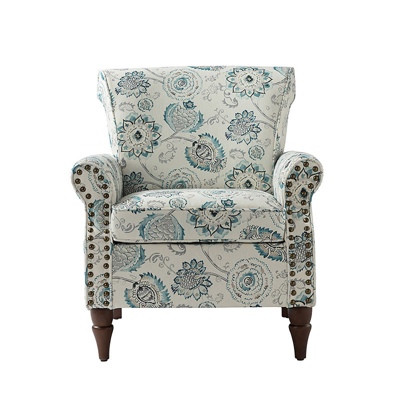Fauteuil rembourré à accoudoirs roulés et garniture cloutée | Moutarde / Floral / Bleu / Peau de vache / Jaune / Vert / Noir / Gris / Marine / Pin / Médaillon / Rose | Siège unique