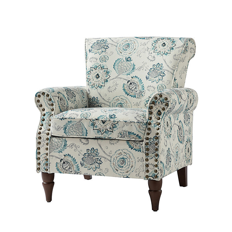 Fauteuil rembourré à accoudoirs roulés et garniture cloutée | Moutarde / Floral / Bleu / Peau de vache / Jaune / Vert / Noir / Gris / Marine / Pin / Médaillon / Rose | Siège unique