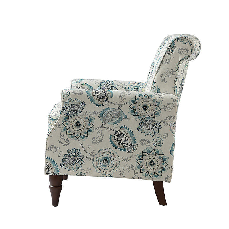 Fauteuil rembourré à accoudoirs roulés et garniture cloutée | Moutarde / Floral / Bleu / Peau de vache / Jaune / Vert / Noir / Gris / Marine / Pin / Médaillon / Rose | Siège unique