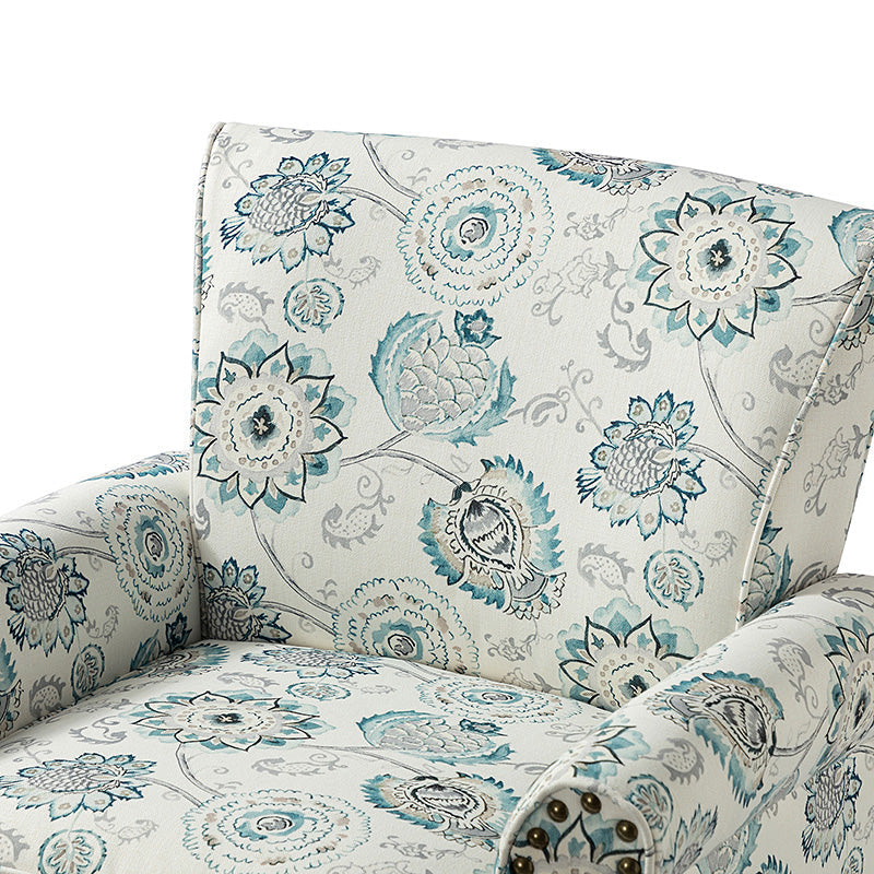 Fauteuil rembourré à accoudoirs roulés et garniture cloutée | Moutarde / Floral / Bleu / Peau de vache / Jaune / Vert / Noir / Gris / Marine / Pin / Médaillon / Rose | Siège unique