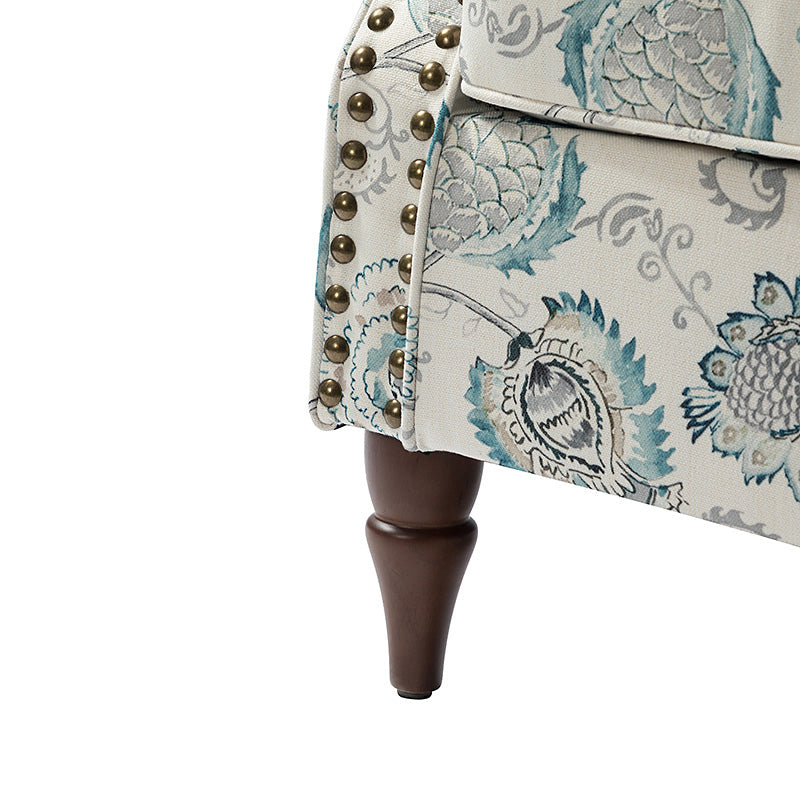 Fauteuil rembourré à accoudoirs roulés et garniture cloutée | Moutarde / Floral / Bleu / Peau de vache / Jaune / Vert / Noir / Gris / Marine / Pin / Médaillon / Rose | Siège unique