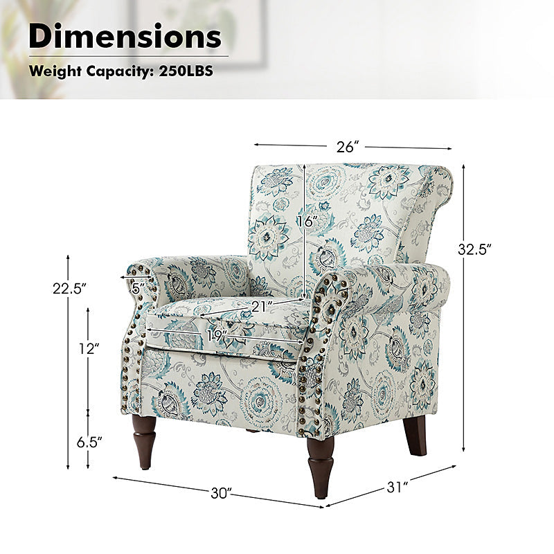 Fauteuil rembourré à accoudoirs roulés et garniture cloutée | Moutarde / Floral / Bleu / Peau de vache / Jaune / Vert / Noir / Gris / Marine / Pin / Médaillon / Rose | Siège unique