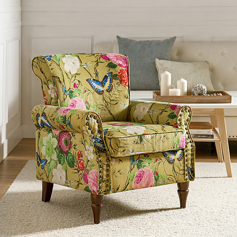 Fauteuil rembourré à accoudoirs roulés et garniture cloutée | Moutarde / Floral / Bleu / Peau de vache / Jaune / Vert / Noir / Gris / Marine / Pin / Médaillon / Rose | Siège unique