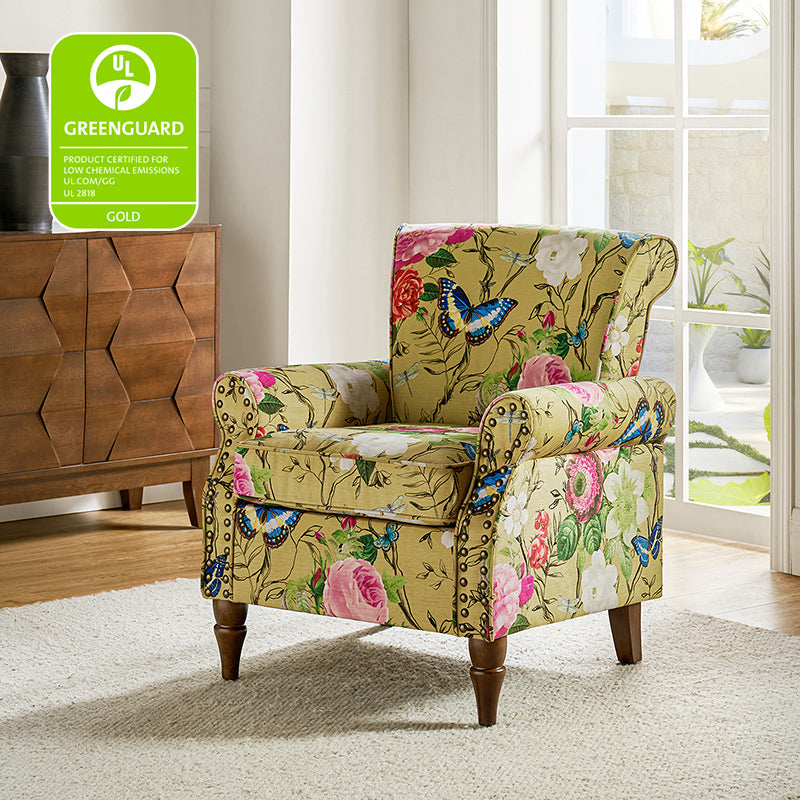 Fauteuil rembourré à accoudoirs roulés et garniture cloutée | Moutarde / Floral / Bleu / Peau de vache / Jaune / Vert / Noir / Gris / Marine / Pin / Médaillon / Rose | Siège unique