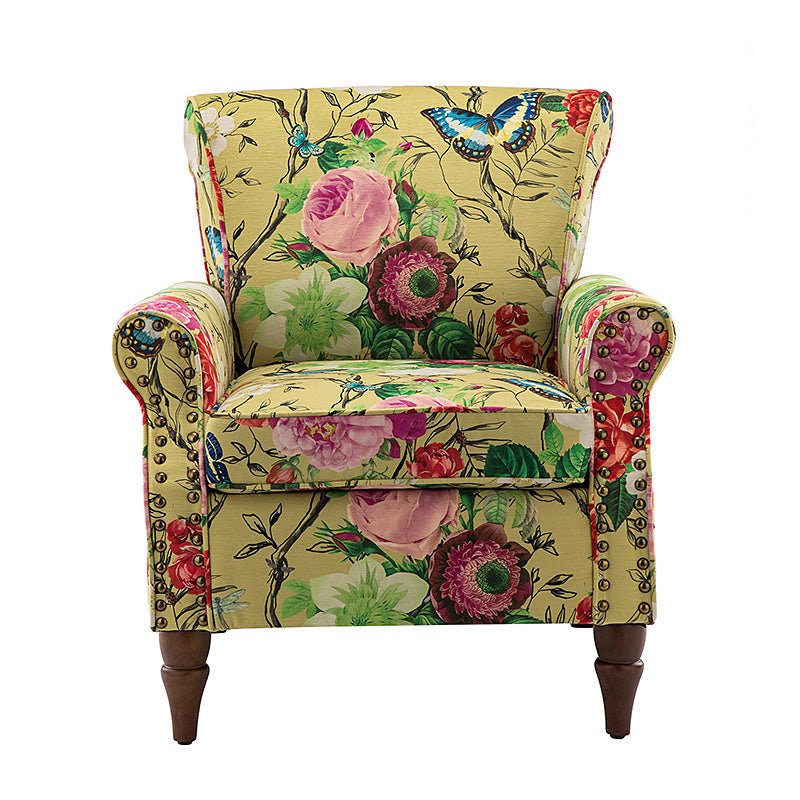 Fauteuil rembourré à accoudoirs roulés et garniture cloutée | Moutarde / Floral / Bleu / Peau de vache / Jaune / Vert / Noir / Gris / Marine / Pin / Médaillon / Rose | Siège unique