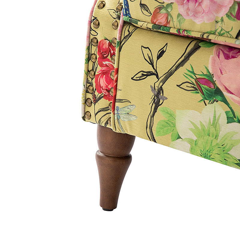 Fauteuil rembourré à accoudoirs roulés et garniture cloutée | Moutarde / Floral / Bleu / Peau de vache / Jaune / Vert / Noir / Gris / Marine / Pin / Médaillon / Rose | Siège unique