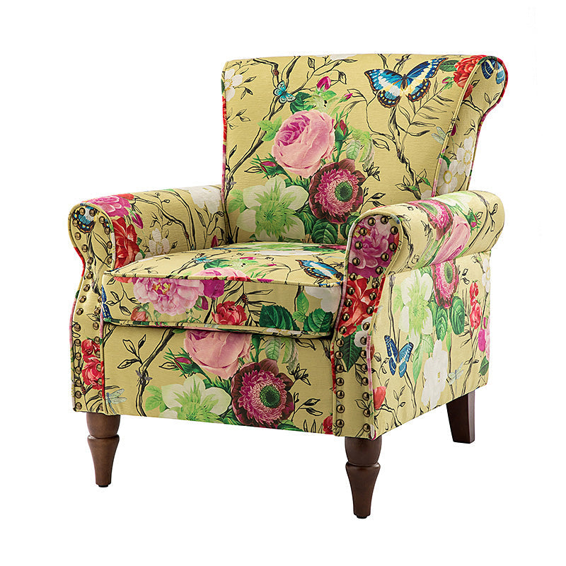 Fauteuil rembourré à accoudoirs roulés et garniture cloutée | Moutarde / Floral / Bleu / Peau de vache / Jaune / Vert / Noir / Gris / Marine / Pin / Médaillon / Rose | Siège unique