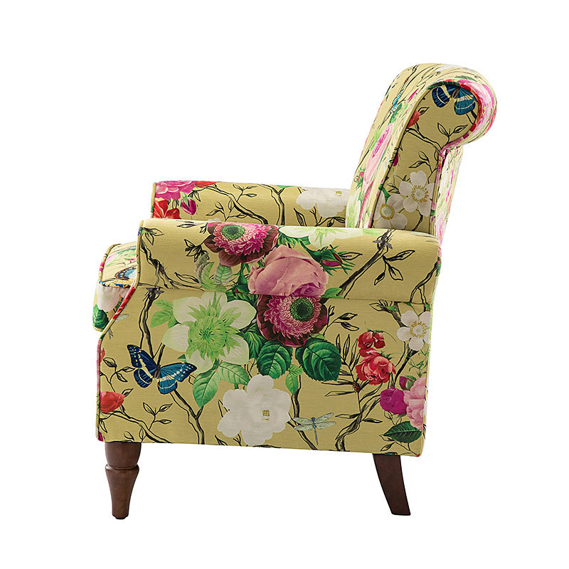 Fauteuil rembourré à accoudoirs roulés et garniture cloutée | Moutarde / Floral / Bleu / Peau de vache / Jaune / Vert / Noir / Gris / Marine / Pin / Médaillon / Rose | Siège unique