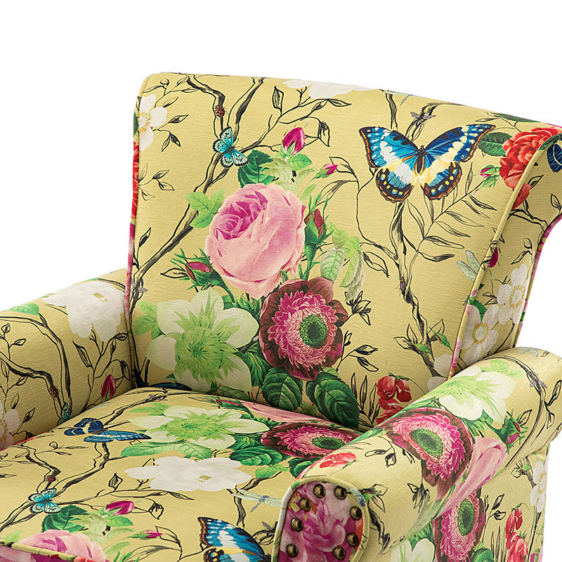 Fauteuil rembourré à accoudoirs roulés et garniture cloutée | Moutarde / Floral / Bleu / Peau de vache / Jaune / Vert / Noir / Gris / Marine / Pin / Médaillon / Rose | Siège unique